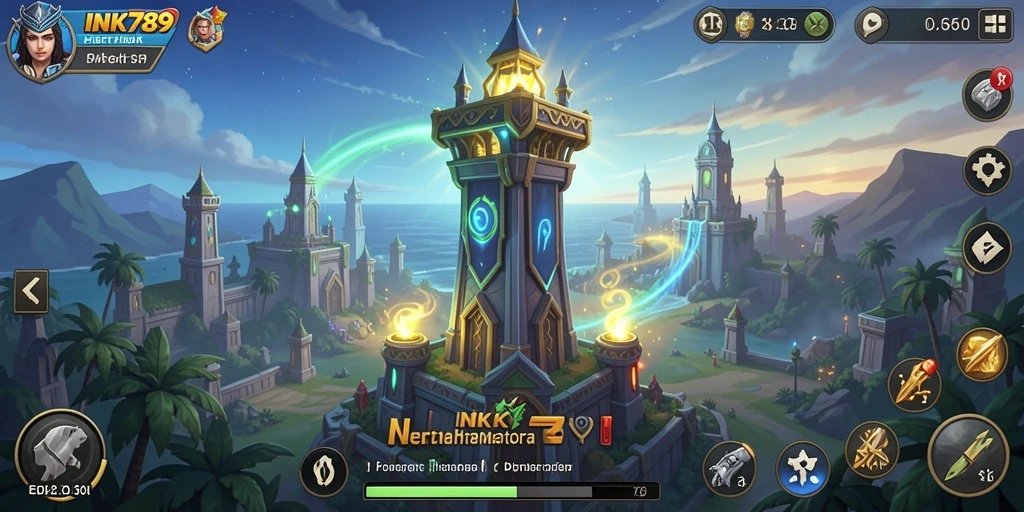 Tangkapan layar gameplay INK789 menampilkan menara pertahanan yang epik.