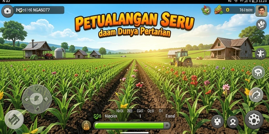 Tangkapan layar gameplay NGASO77 yang menunjukkan kebun yang subur.